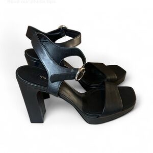 Black Leather Platform Block Heel Sandals with Ankle Strap